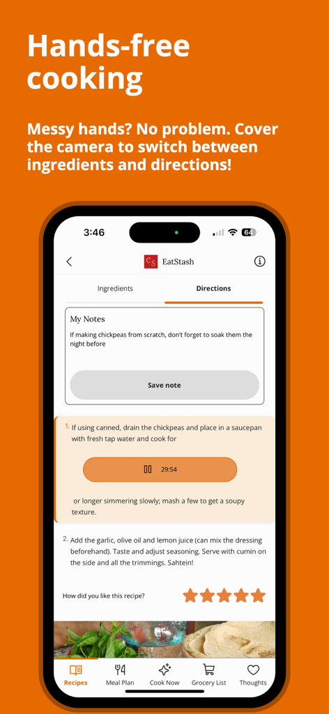 EatStash app interface showing hands free cooking mode with recipe directions and a cooking timer