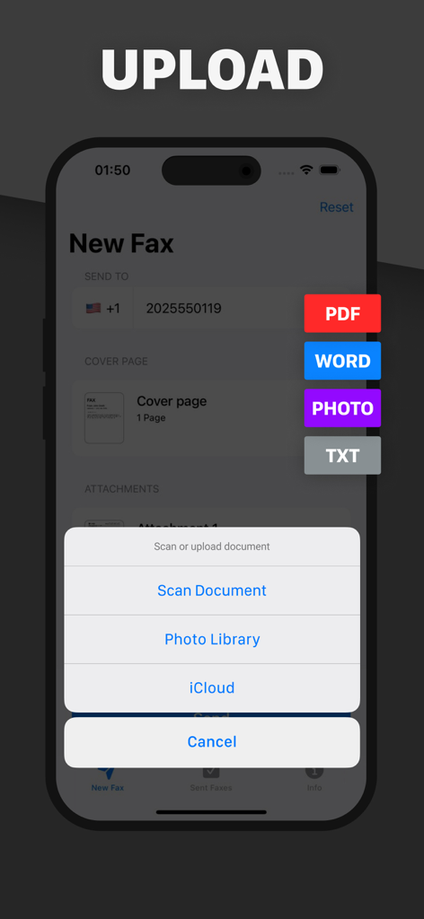 FAX from iPhone - Send Doc - Interfaz de la aplicación de fax que muestra opciones para cargar documentos desde escaneo, biblioteca de fotos o iCloud.