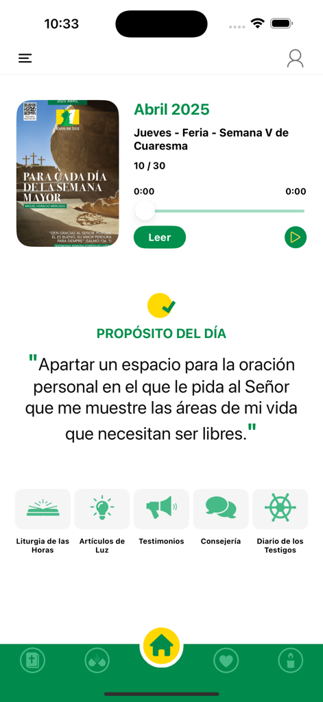 Pantalla de la app Revista Rayo De Luz mostrando el propósito del día y el menú litúrgico