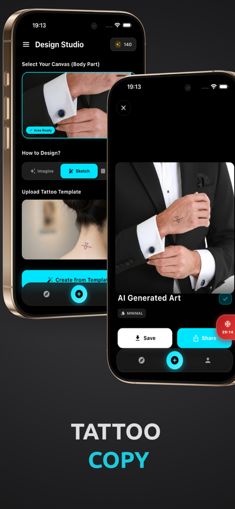 Schnittstelle der AI Tattoo App zum Entwerfen und Vorabansicht von Tattoos auf einem Körperteil