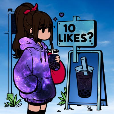 girl with oversized hoodie drinking boba and she has a high ponytail with a sign that says 10likes?