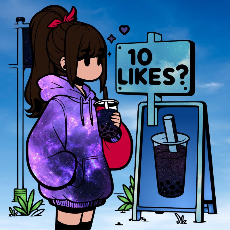 girl with oversized hoodie drinking boba and she has a high ponytail with a sign that says 10likes?