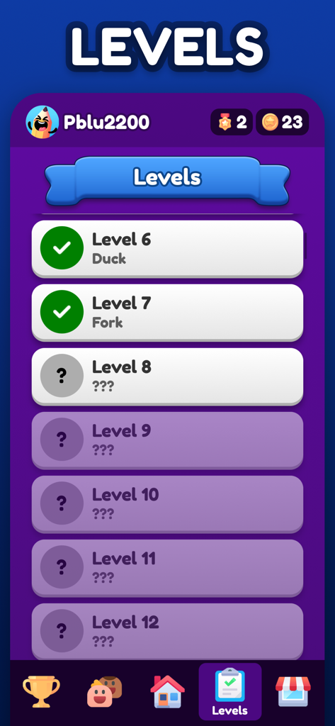 Pictionic: Draw & Guess Words - Pictionic app levels screen showing progress and upcoming game words