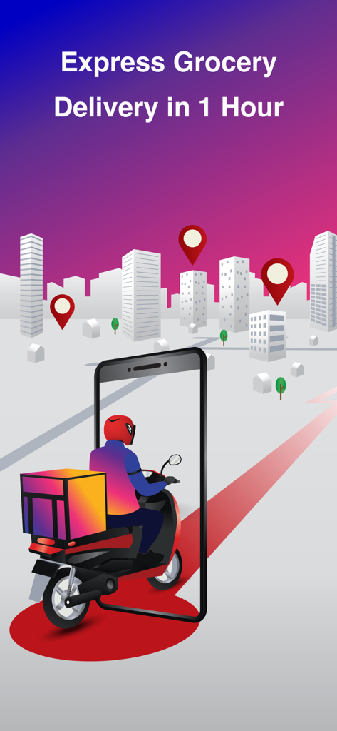 Villa Market - Bildschirm der Villa Market App, der den Express-Lieferdienst für Lebensmittel innerhalb einer Stunde zeigt.