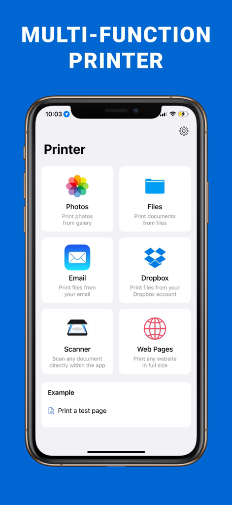 Smart Printer App:Print & Scan - 写真、ファイル、メールの印刷やドキュメントのスキャンオプションを表示する、Smart Printer Appのメインダッシュボード