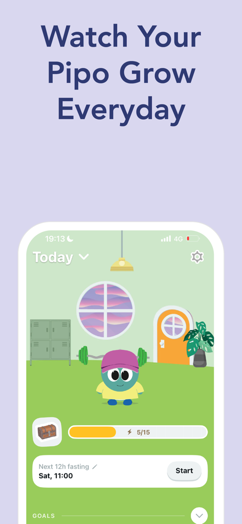 Interfaz de la aplicación Pipo AI que muestra una linda mascota digital en un gimnasio con un temporizador de ayuno.