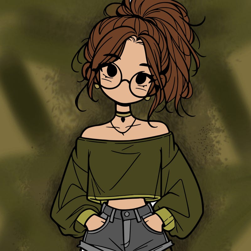 girl with a messy ponytail glasses a baggy crop top and jean shorts