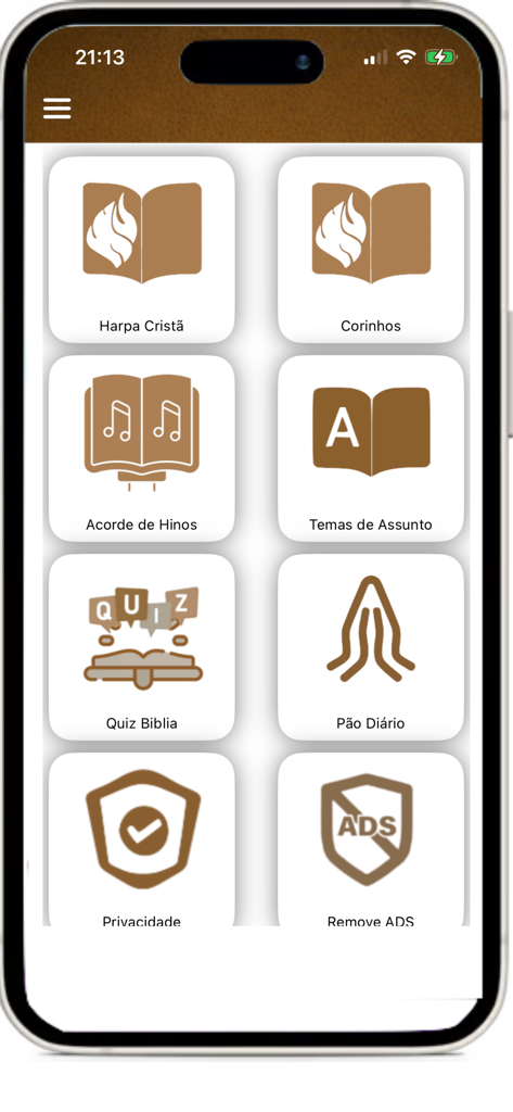 Harpa Cristã e Corinhos - Main menu interface of the Harpa Crista app showing icons for hymns choir songs Bible quiz and daily devotionals
