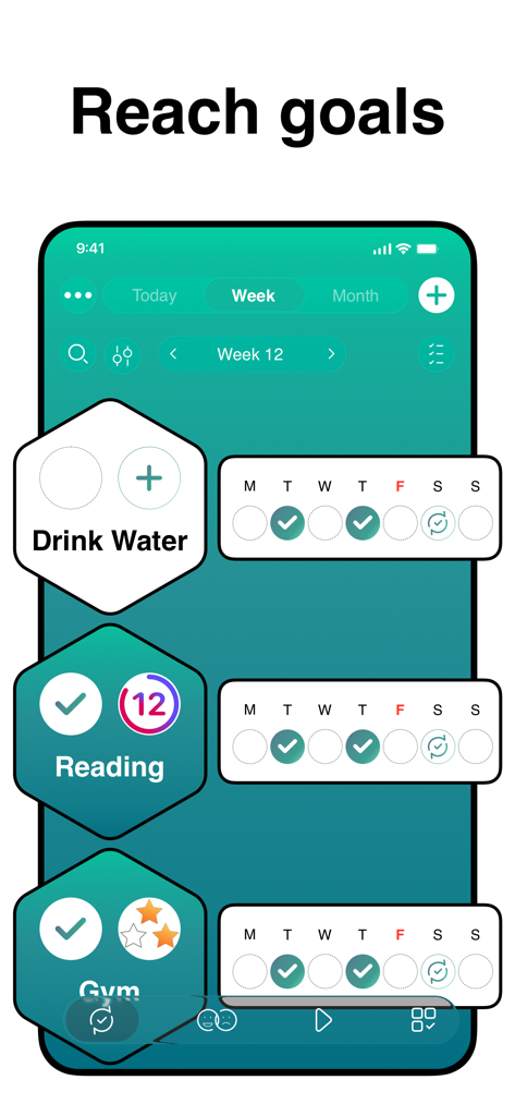 Loop Habits Tracker - La interfaz de la aplicación HabitDo muestra una vista de progreso semanal de hábitos que incluyen beber agua, leer y entrenar en el gimnasio.