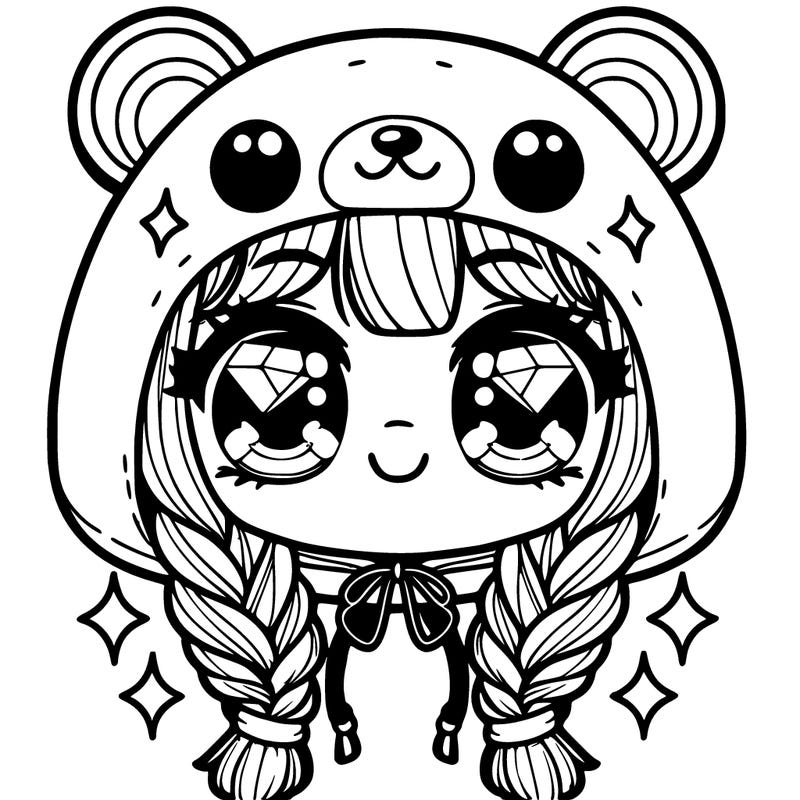 acute girl with big eyes that has a diamond in it and wearing a bear hoodie with two braided hair