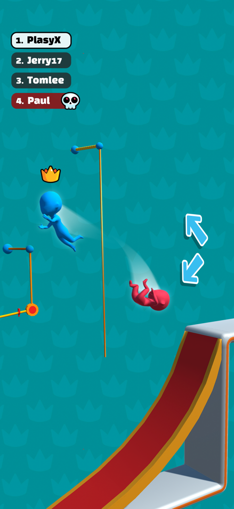 A blue stickman character jumping in a 3D parkour race against other players