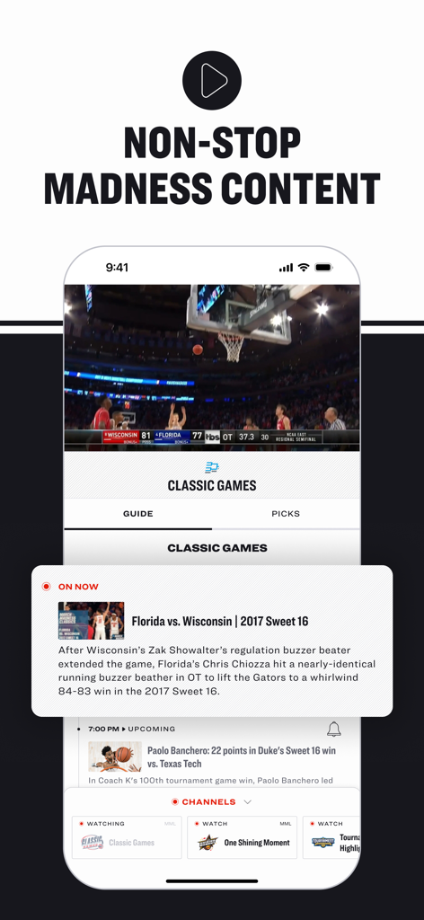Aplicación NCAA March Madness Live mostrando juegos clásicos del torneo como Florida vs Wisconsin Sweet 16 de 2017.