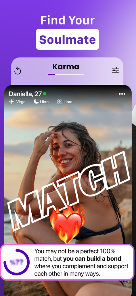 Un match di profilo sull'app di incontri Karma sotto il titolo Trova la Tua Anima Gemella.