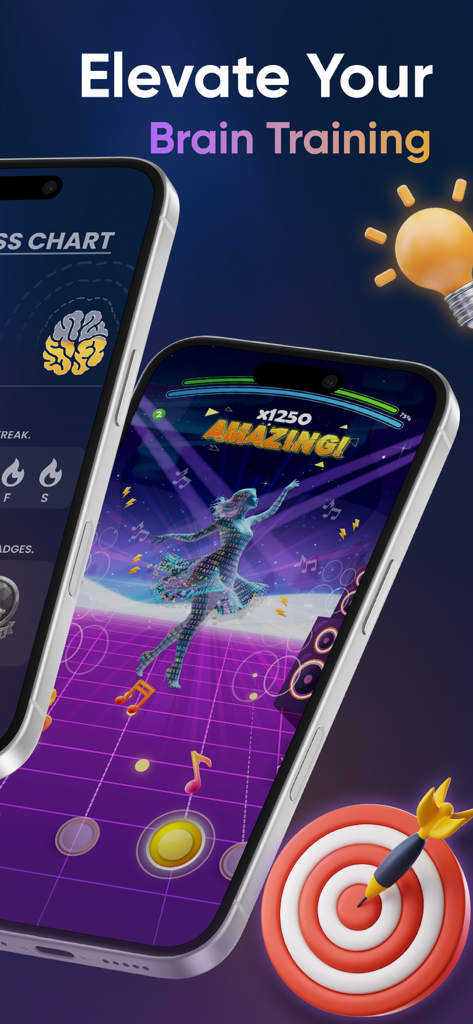 10000 Offline Games: No Wifi - Una pantalla de smartphone mostrando un juego de ritmo musical y un gráfico de estrés cerebral bajo el título Mejora tu Entrenamiento Cerebral.