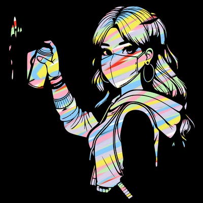 realistic girl with mask spray painting a wall