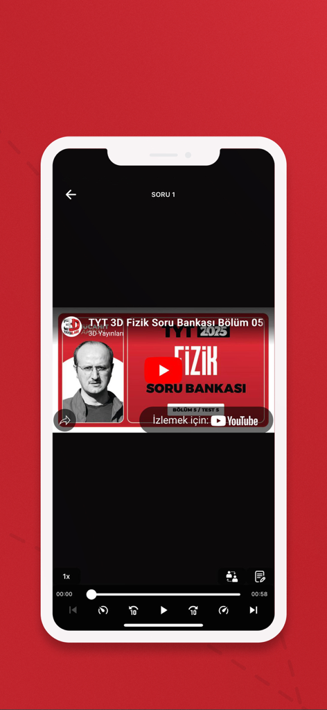3D Mobil - A screenshot of the 3D Mobil app interface showing a video solution for a physics exam question with playback controls in dark mode.
