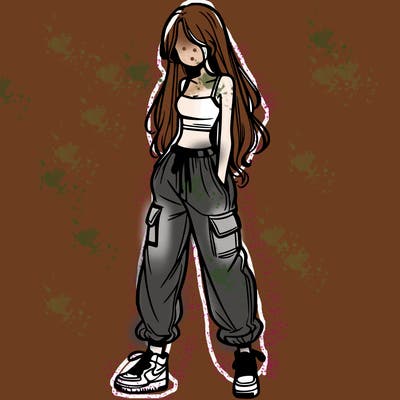 girl in baggy pants crop top and long hair