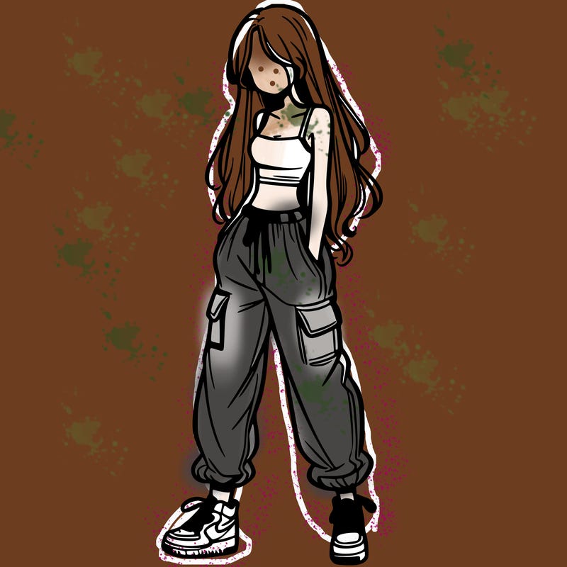 girl in baggy pants crop top and long hair