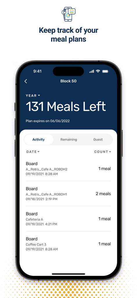 Transact eAccounts - Transact eAccounts mobile app screen showing meal plan balances and campus dining transaction history.
