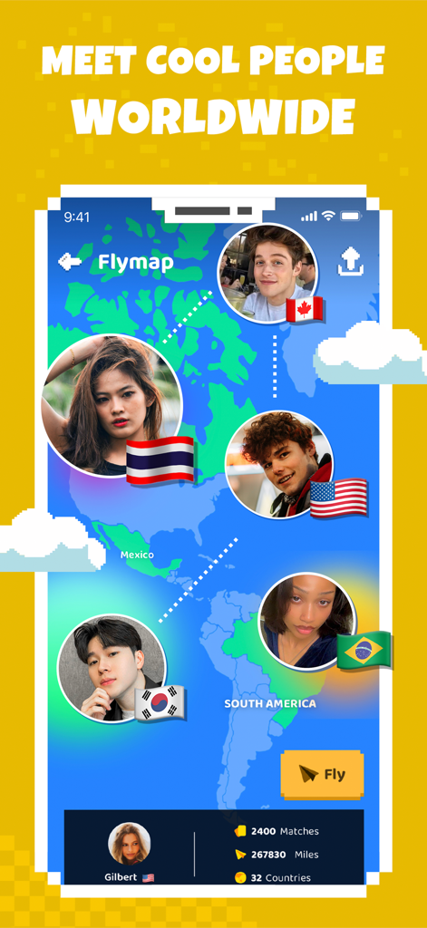 Interfaz de mapa mundial en la aplicación Hay que muestra perfiles de usuario y banderas para video chat global.