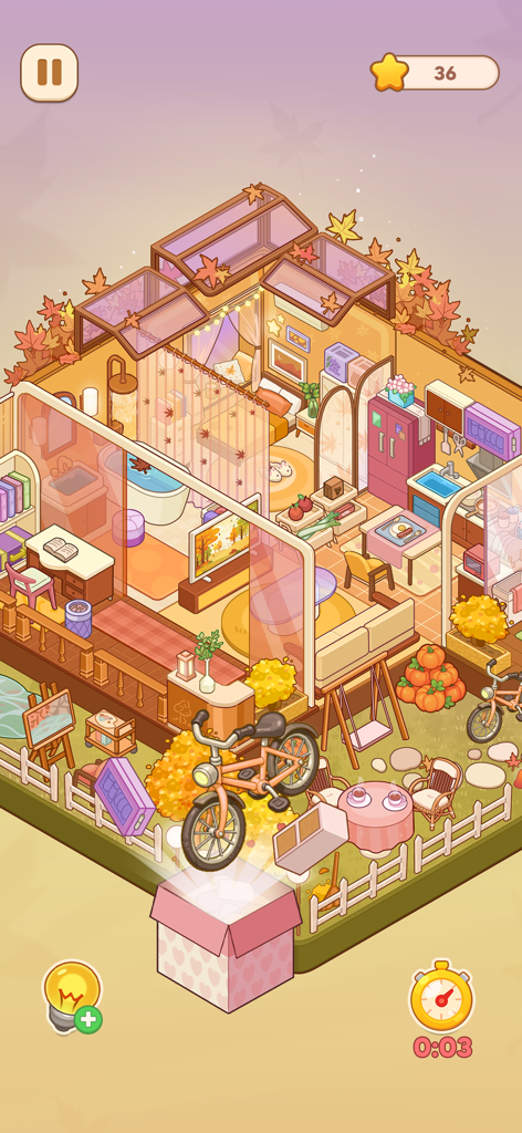My Perfect Home: Design Game - Gameplay de décoration de pièce d'automne cosy dans My Perfect Home Design Game montrant l'ouverture d'une boîte mystère avec un vélo.