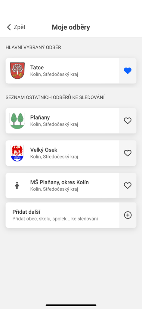 Interface showing a list of followed municipalities and local organizations in the V OBRAZE app