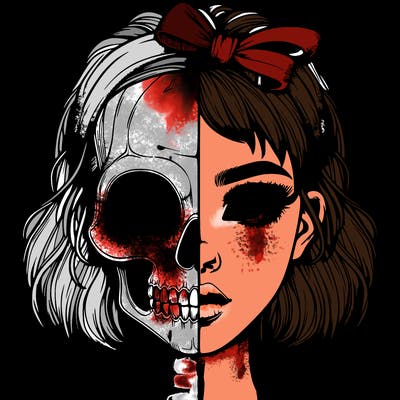 realistic girl with half skull mask
