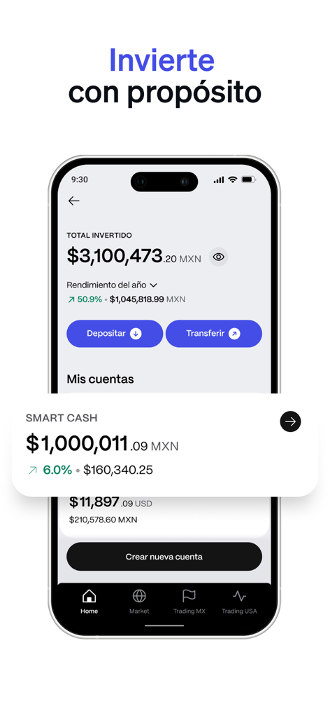 GBM mobile app interface showing investment portfolio balance and Smart Cash account details in Spanish