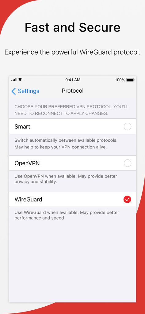 Trend Micro VPN app screen showing protocol selection options including Smart OpenVPN and WireGuard