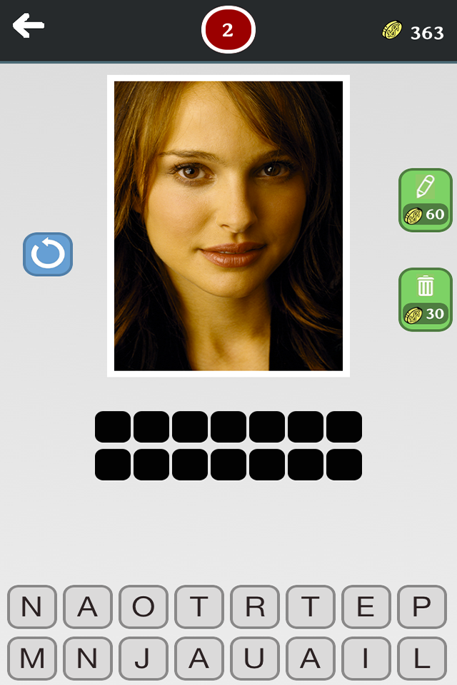 Actor Quiz - Whats the movie celebrity, new fun puzzle - Actor Quiz gameplay screen with a photo of Natalie Portman and a letter selection grid to guess her name