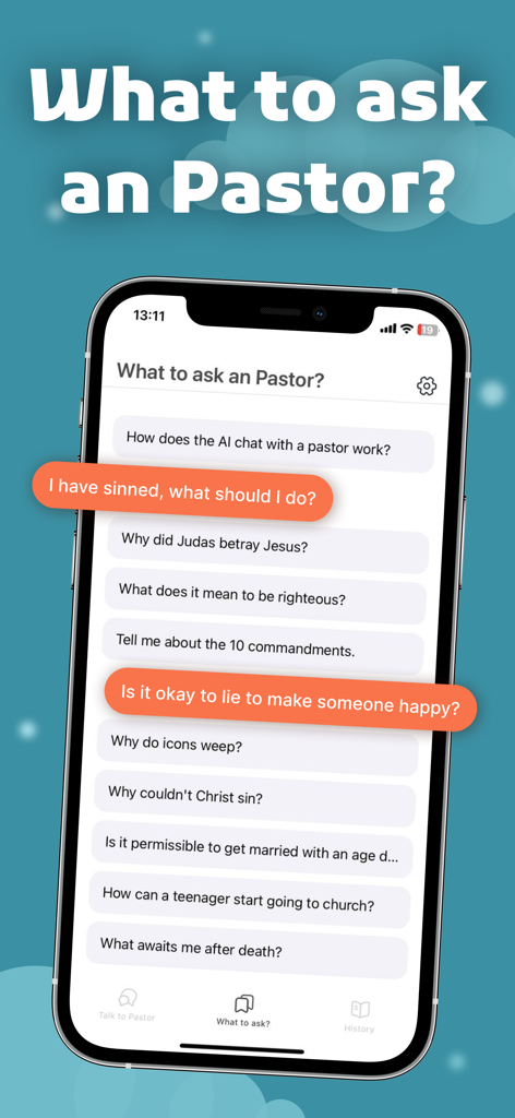 AI Pastor: Christian Chat,Talk - Un smartphone que muestra la interfaz de la aplicación Pastor IA con una lista de preguntas sugeridas sobre fe y la Biblia.