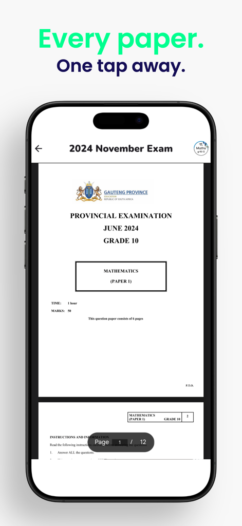 Grade 10,11,12 Mathematics App - Pantalla de un teléfono inteligente que muestra un examen provincial de Matemáticas de Grado 10.
