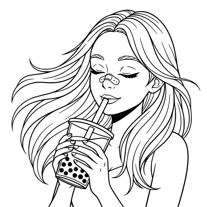 make a girl drinking boba tea with long hair and a bandage on her nose. make it a close up.
