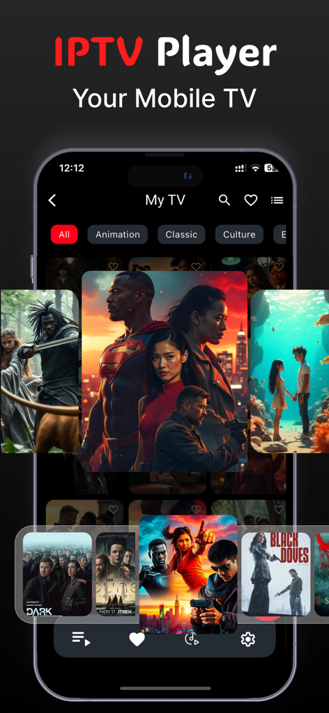 Xtream IPTV - Smarters Player - Interfaz de la aplicación móvil Xtream IPTV Smarters Player que muestra categorías de películas y una galería de contenido en streaming en un iPhone