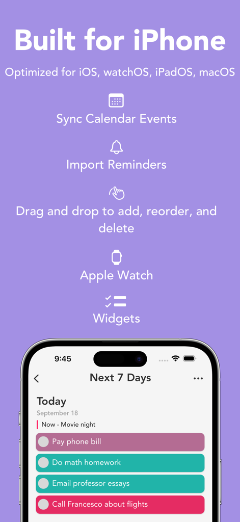 Gráfico promocional de la aplicación Smart Tasks que destaca funciones del iPhone como sincronización de calendario, importación de recordatorios y una lista de tareas codificada por colores.