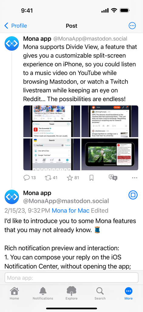 Mona Classic - Mona Classic app screenshot showing the Divide View split screen functionality