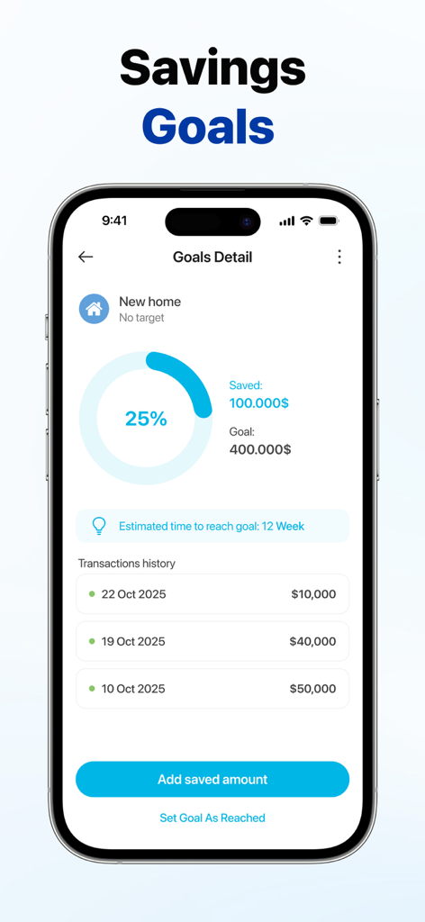 MoneyNote: Save and Track - Interface of the ZenExpense app showing progress toward a new home savings goal with a circular chart and transaction history