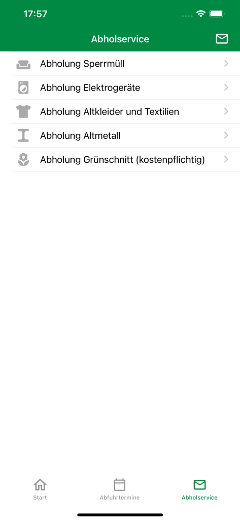 Mobiler App-Bildschirm mit Optionen für die Abfallabholung von Sperrmüll, Elektronik und Textilien in Kaiserslautern