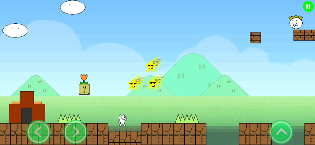 Gameplay of Syobon Action HD featuring the white cat character in a retro parody platformer level with green hills