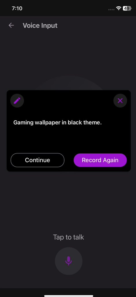 Speech To Image AI Generator - Interface de entrada de voz do aplicativo Gerador de IA de Voz para Imagem mostrando um prompt transcrito para um papel de parede de jogo com tema preto