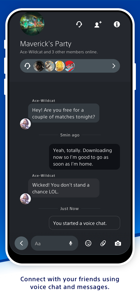 PlayStation App - Interface de chat em grupo no Aplicativo PlayStation mostrando mensagens e opções de chat de voz entre amigos gamers