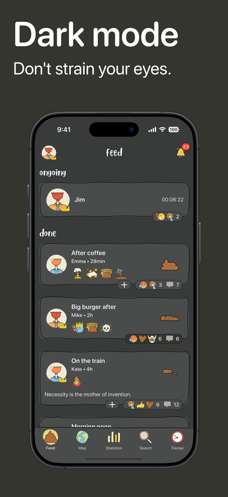 Screenshot of Poopie app social feed in dark mode showing friend activities and emoji reactions