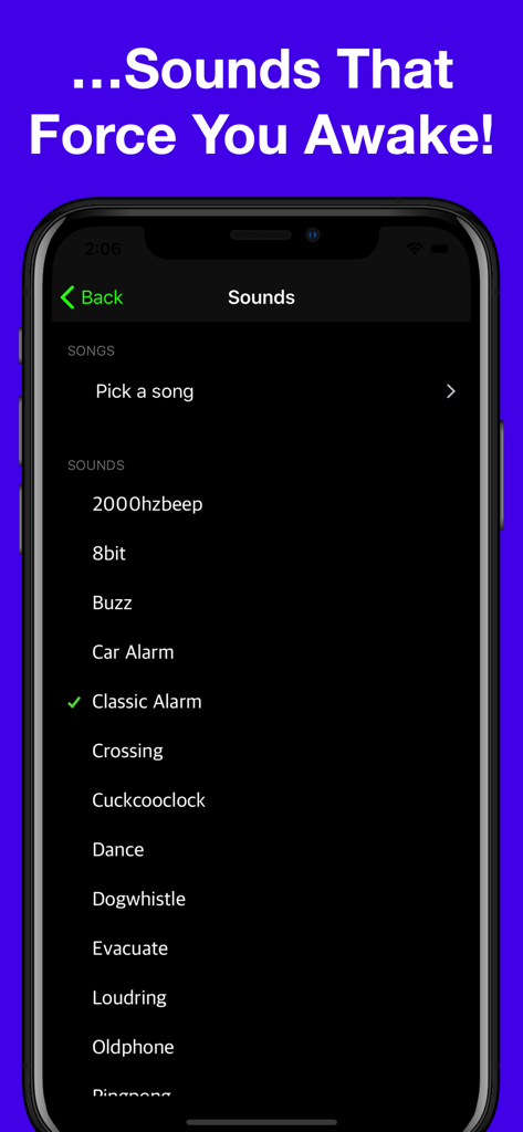 Loud Alarm Clock by BLITZ - Ein Menü, das eine Auswahl an lauten Alarmtönen und eine benutzerdefinierte Songoption in der Blitz-App anzeigt