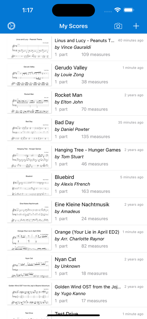 Composer Pro - Score Creator - The My Scores screen in Composer Pro showing a library of saved music notation projects