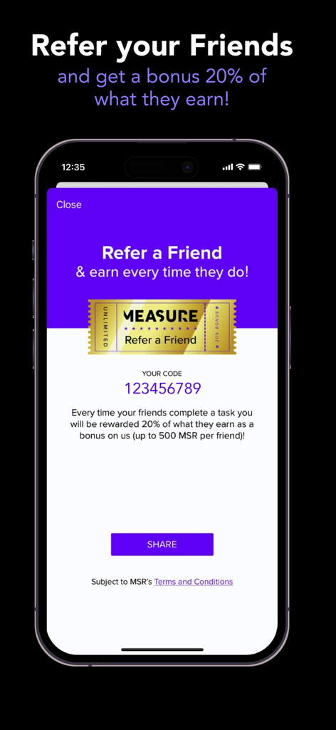 Pantalla de referencia de la app MSR que ofrece un bono del 20 por ciento por invitar amigos.