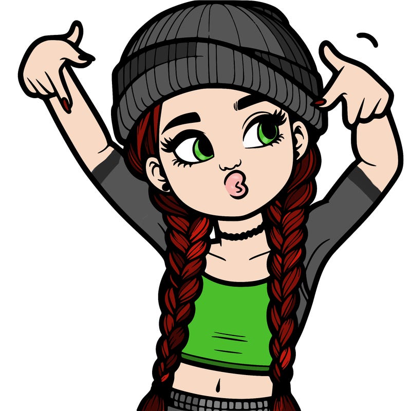 realistic teenage girl with braids and a beanie and crop top doing 🫶🏼