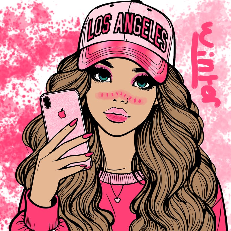 realistic beautiful girl wearing los ángeles cap holding an iphone
