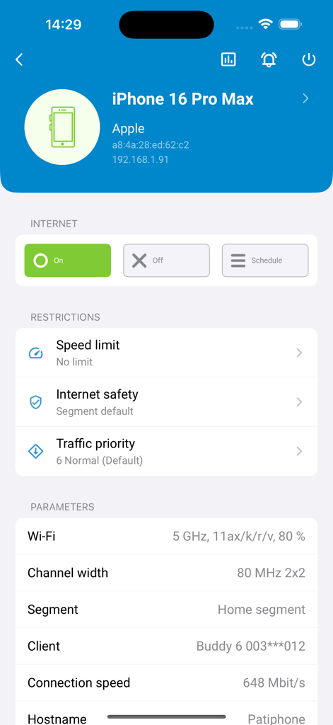 Netcraze - Interface de l'application mobile Netcraze montrant les contrôles d'accès Internet et les paramètres de sécurité pour un iPhone