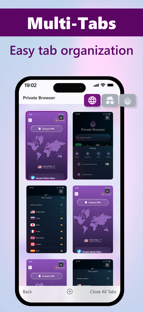 TOR Browser, Prosec Onion VPN - Un smartphone mostrando la función de múltiples pestañas y fácil organización de pestañas en la interfaz de la aplicación del Navegador TOR y VPN de Prosec