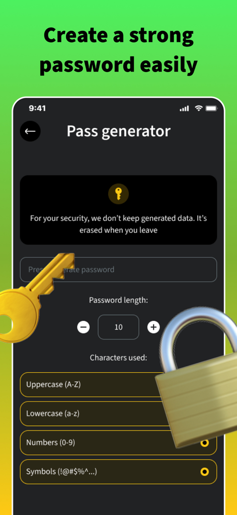 Switch Up VPN - A minimalist password generator interface in the Switch Up VPN app with customizable security options.